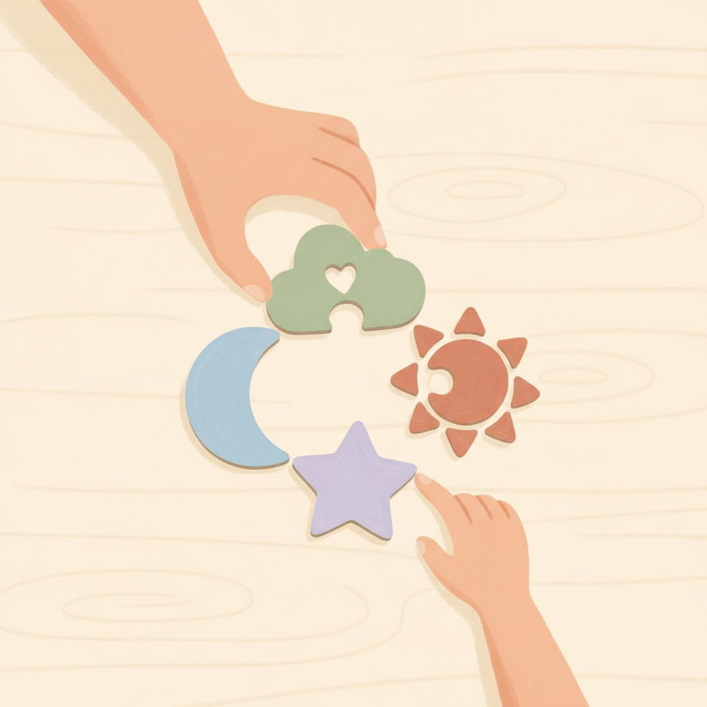 Un puzzle di legno risolto insieme da due paia di mani