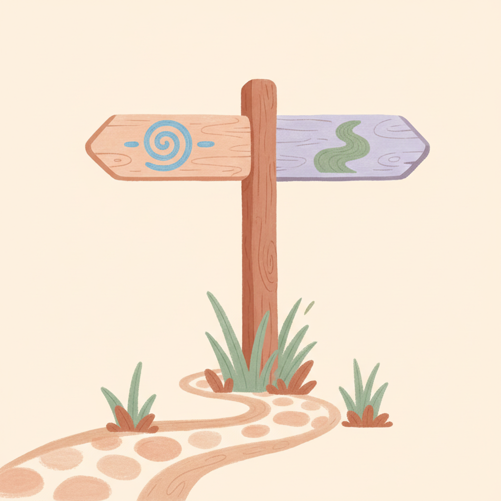 Un piccolo cartello stradale di legno che indica un bivio