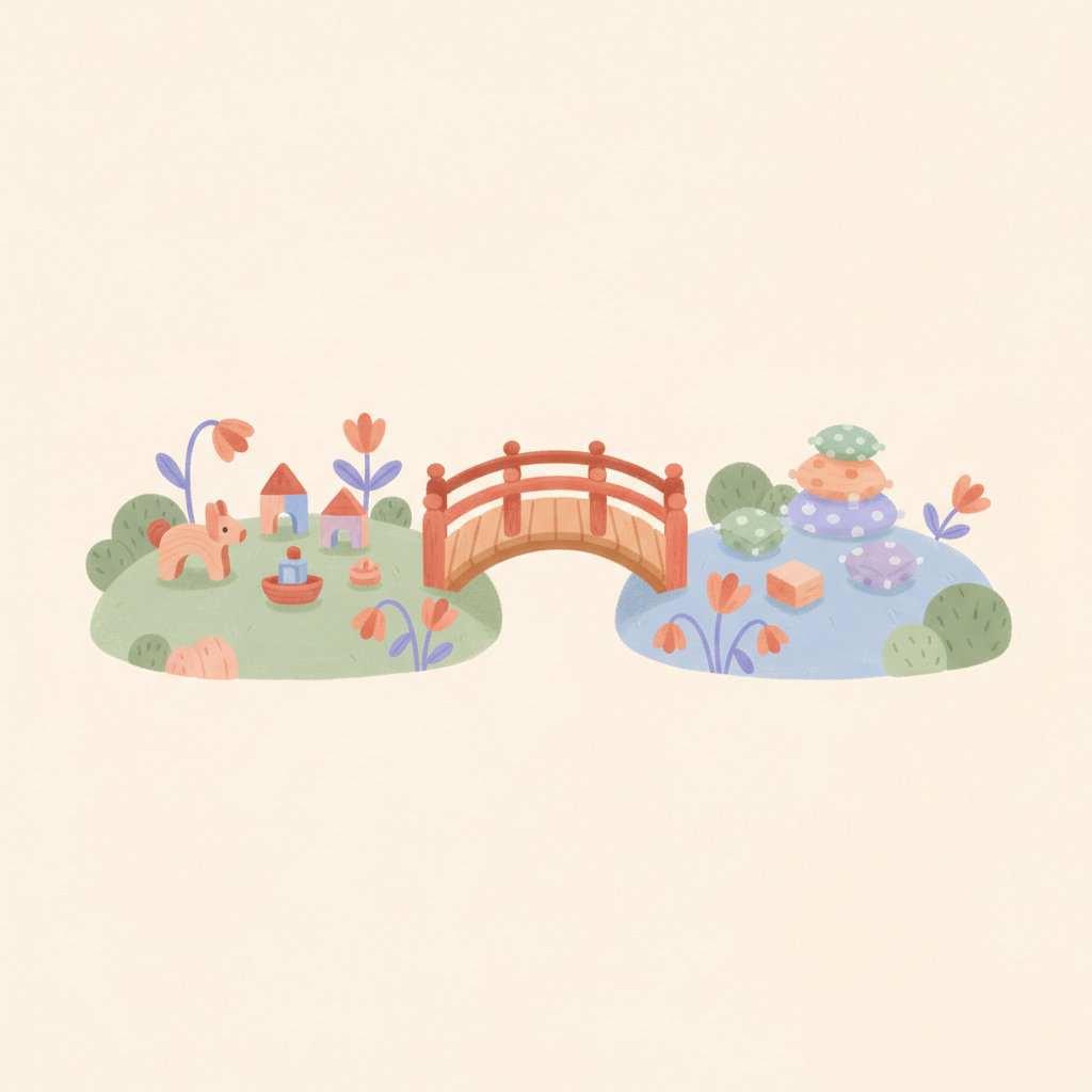 Un piccolo ponte di legno collega due isole, una con giochi di legno e una con forme di pixel